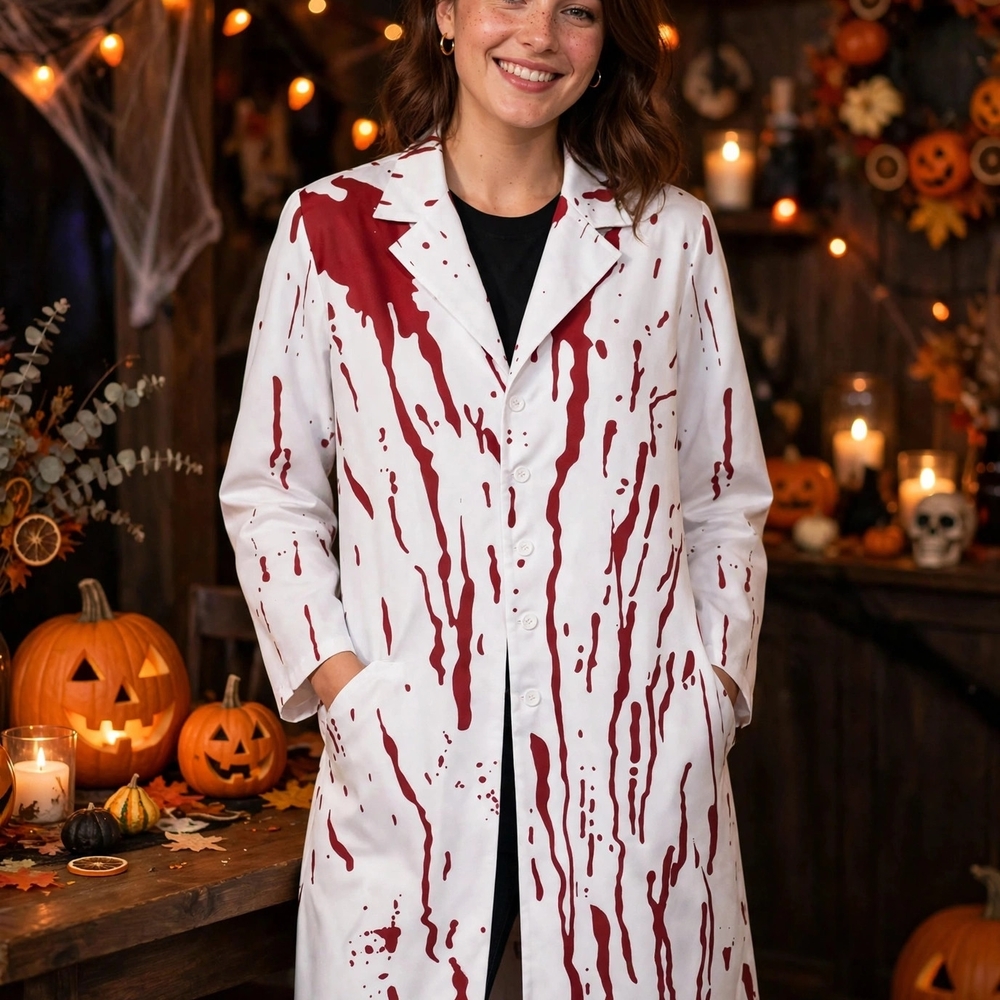 Women's White Halloween Splatter Lab Coat with Red Print